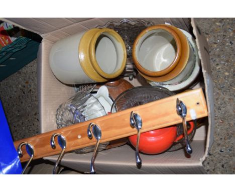 BOX CONTAINING CERAMIC ITEMS INCLUDING POTTERY JARS, COAT RACK ETC