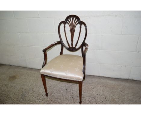 FINELY CARVED MAHOGANY ELBOW CHAIR WITH FLORAL AND ART NOUVEAU STYLE CARVED DECORATION, MAX WIDTH APPROX 56CM