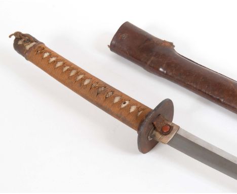 JAPANESE SHIN-GUNTO SWORD - SIGNED with a fish skin and cord bound hilt, plain iron tsuba, copper gilt habaki, the saya is ci