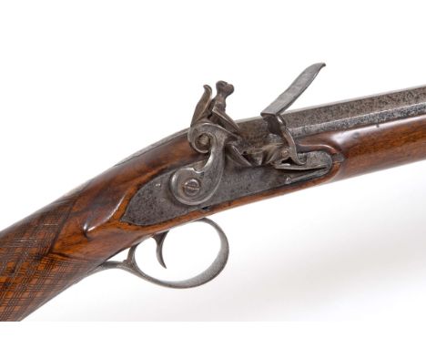 HARLEY FLINTLOCK SPORTING LONG GUN with a chequered wrist steel heel plate, with french style flintlock cock, roller to frizo