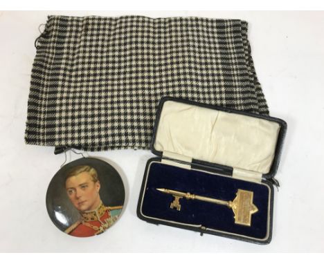 A PRESENTATION S/GILT KEY &amp; A SCARF FROM THE POW's VISIT TO WHITEHAVEN 1927. Original photographs of the visit of the the