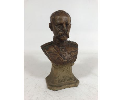 A CAST AND PATINATED PORTRAIT BUST OF LORD ROBERTS. A cast and patinated spelter portrait bust of Lord Roberts in military un