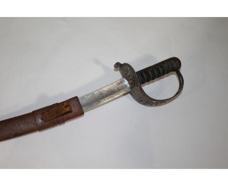 CAVALRY SWORD with a basket hilt with honeysuckle design, fish skin grip and steel blade (shortened blade). Also with a leath