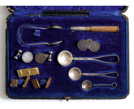 AN UNUSUAL CASED COLLECTION OF BOER WAR PRISONER WORK. A cased set of prisoner of war work comprising a pepper formed from a 