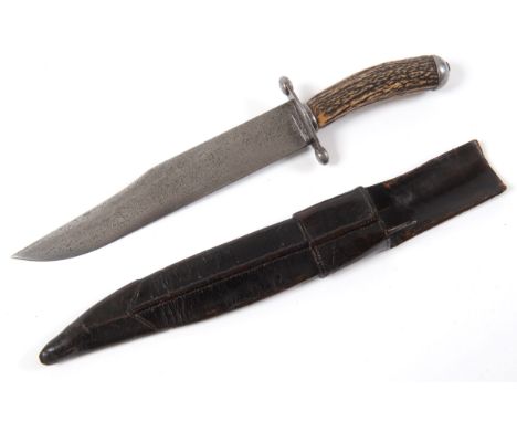 A BOWIE KNIFE &amp; SCABBARD. An unnamed Bowie knife with 9.5/8" classical form blade, held in a dark brown leather scabbard.