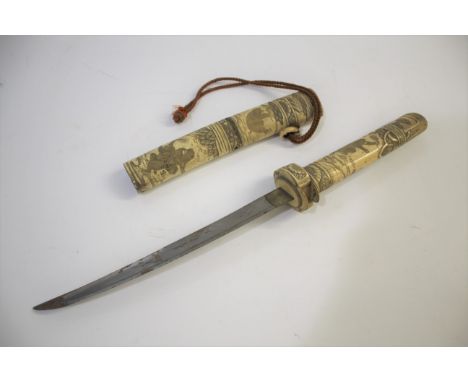 JAPANESE SHORT SWORD a short sword or Tanto, made for export with a carved bone handle and matching scabbard (end of scabbard