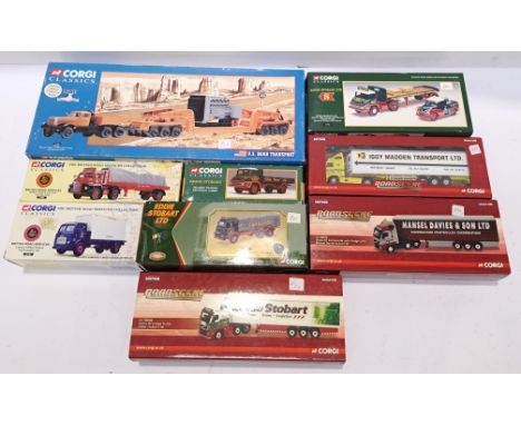Corgi, a boxed group of "Haulage" Vehicles. Includes Volvo FH Fridge Trailer "Eddie Stobart Ltd" with others. Although unchec