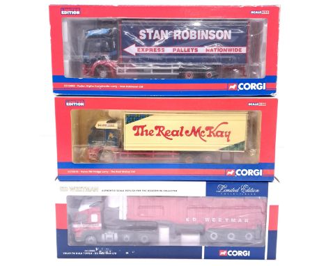 Corgi, a boxed group of 1/50th scale Truck/Trailer models to include CC13515 (Rigids) Volvo FM Fridge Lorry "The Real McKay L