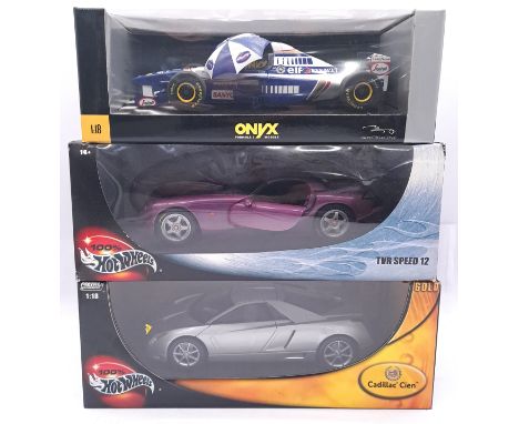 Hot Wheels &amp; Onyx, a boxed 1:18 scale group to include Onyx 6002 Williams Renault FW17 "David Coulthard" and others. Alth