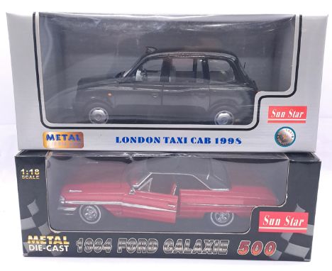 Sunstar, a boxed 1:18 scale pair comprising of 1998 London Taxi Cab along with 1964 Ford Galaxie 500. Although unchecked for 