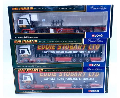 Corgi, a boxed group of Eddie Stobart commercial cars to include CC13207 DAF XF Space Cab &amp; Flatbed Trailer plus others. 