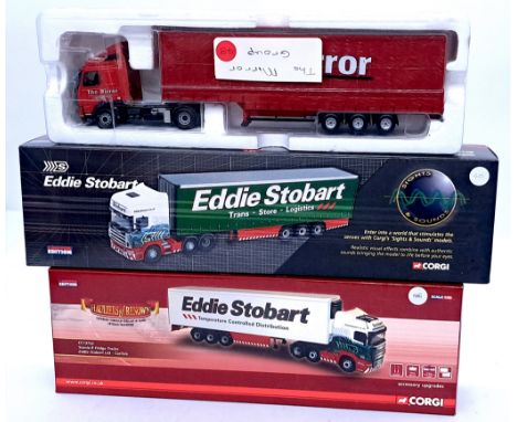 Corgi, a boxed group of 1:50 Scale models to include CC12936 (Sights and Sounds) Scania Topline Curtainside Trailer "Eddie St