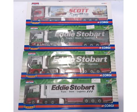 Corgi, a boxed group of 1:50 Scale "Haulers of Renown" Lorries. Includes Mercedes-Benz Actros Fridge Trailer "Eddie Stobart L