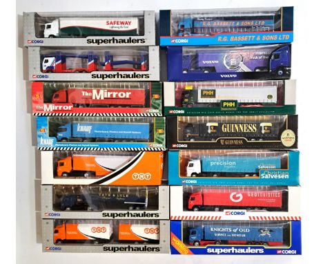 Corgi Superhaulers and similar, a boxed bus group to include 59522 Scania Curtainside Trailer "TNT" and others. Conditions al