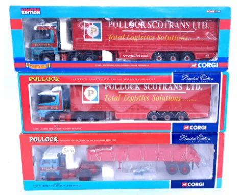 &nbsp;Corgi, a boxed 1:50 scale group of Pollock to include CC13809 Mercedes-Benz Actros Curtainside "Pollock Scotrans LTD" p