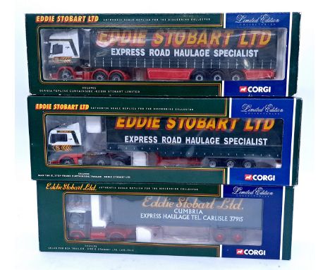 Corgi, a boxed "Eddie Stobart" group of commercial cars to include CC12901 Scania Topline Curtainside and others. Conditions 