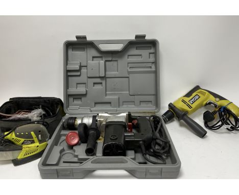 A Ryobi Palm Sander 230V-240V EPS80RS complete with a collection of unused sanding paper in soft carry box, together with a b