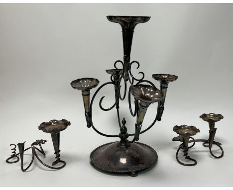 An Art Nouveau style EPNS five- arm epergne with fluted candlestick holders and raised on a circular base with beaded border 