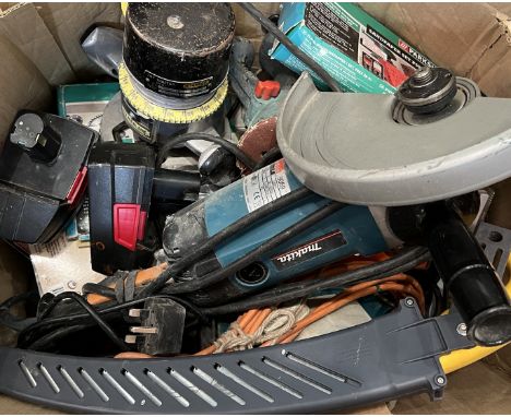 A Makita 9069 230mm Angle Grinder (no blade), together with a Stanley 267 Router, Performance Pro 420W Random Orbital Sander,