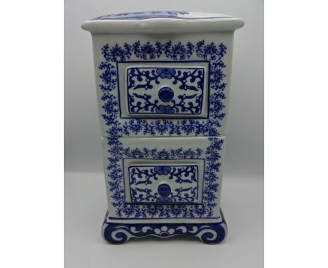 Blue and white ceramic draw unit, 30cm tall (A/F, damage to bottom draw)