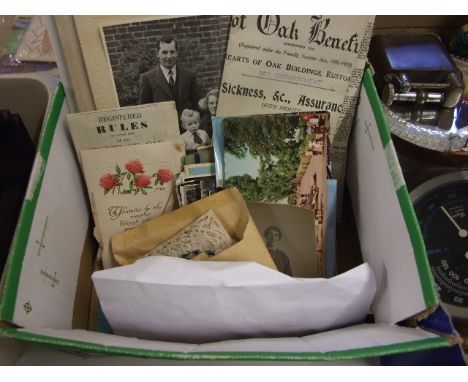 Box containing vintage B&amp;W photos, vintage postcards, Kensitas flower silks, vintage documents etc