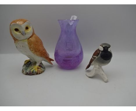 Goebel sparrow, Beswick owl and Caithness crystal glass vase