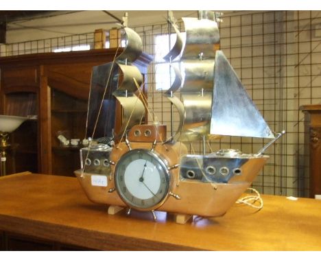 Retro Metal &amp; Wood Ship Clock / Light with metamec electric clock movement  16 x 16 inches