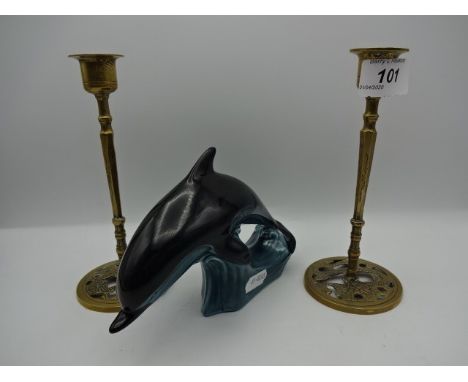 Poole pottery dolphin plus pair of brass candlesticks