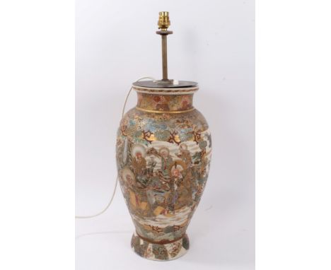 Decorative late 19th century Japanese Satsuma Earthenware vase converted to table lamp with enamelled figure decoration - the