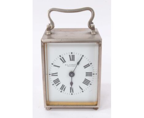 Edwardian nickel plated carriage clock, the square enamel dial signed R.L.Christie, Edinburgh in original travelling case wit