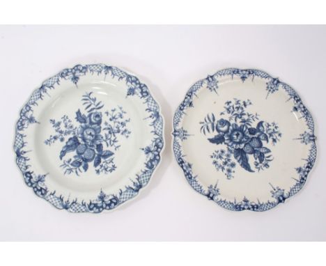 Pair 18th century Worcester blue and white pine cone pattern plates - blue crescent marks 25cm