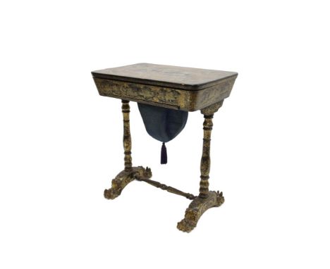 Mid-19th century Chinese export black lacquer needlework table, the rounded hinged enclosing fitted interior with lidded comp