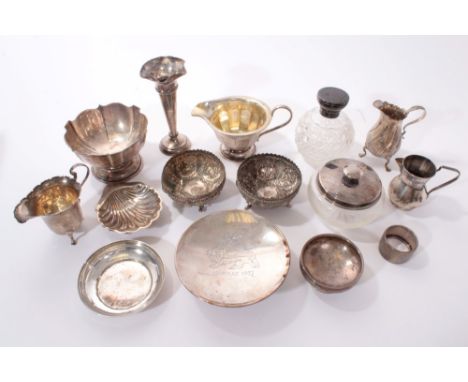 Selection of various early 20th century silver, including bon bon dishes, milk and cream jugs, silver mounted scent globe, tr