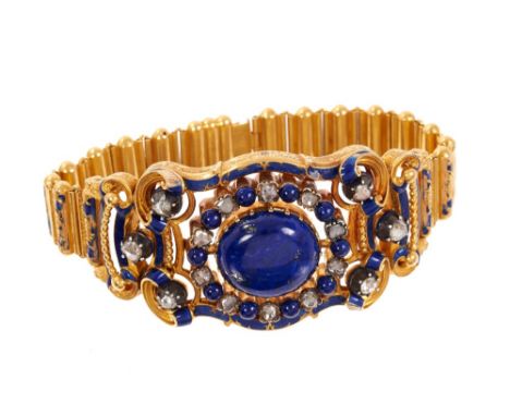 19th Century lapis lazuli, diamond and enamel gold bracelet, the central lapis lazuli cabochon surrounded by a border of furt