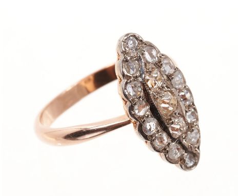 Antique Russian rose gold and diamond cluster ring with a marquise shape cluster of old cut and brilliant cut diamonds on gol