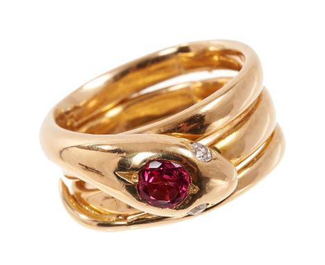 Tiffany &amp; Co. 18ct gold and ruby snake ring with an oval mixed cut ruby weighing approximately 0.50cts and old cut diamon