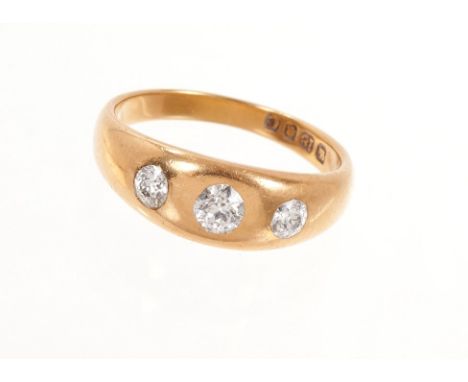 Victorian diamond 3 stone gypsy ring with three old cut diamonds estimated to weigh a total of approximately 0.60cts, London 