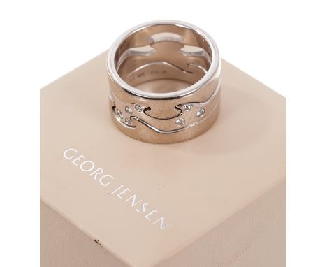 Georg Jensen diamond and 18ct white Fusion ring with three interlocking rings. Signed, numbered 56 NK. Finger size approximat
