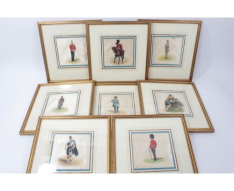 Set of eight early 20th century watercolours on silk, each square painting representing military divisions, titled below - ‘B