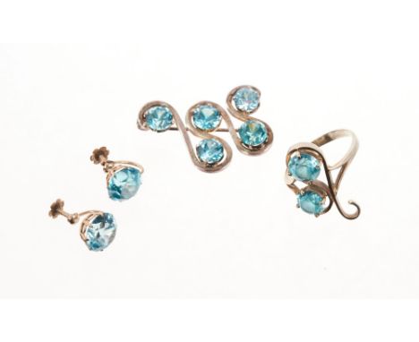 Pair of blue zircon single stone earrings with a round mixed cut blue zircon measuring approximately 10mm diameter, a blue zi