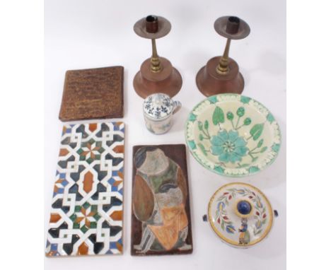 Pair of Art and Crafts hand wrought copper and brass candlesticks, raised on domed bases, 19cm high, together with Arts and C