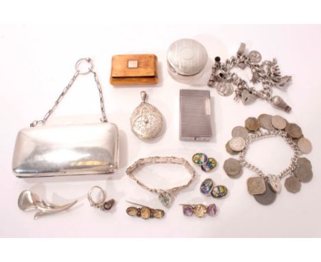 Selection of miscellaneous silver, white metal and plated items, including a silver purse, silver locket, two silver charm br