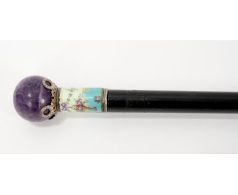 19th century Continental guilloche enamel and amethyst mounted walking cane, the ebonised case with globular amethyst knop an