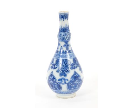 Early 18th century Chinese blue and white miniature ‘toy’ vase with garlic neck, scroll and petal decoration - Kangxi period 