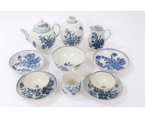 Collection 18th century Worcester blue and white teaware with matching printed floral and butterfly decoration comprising tea