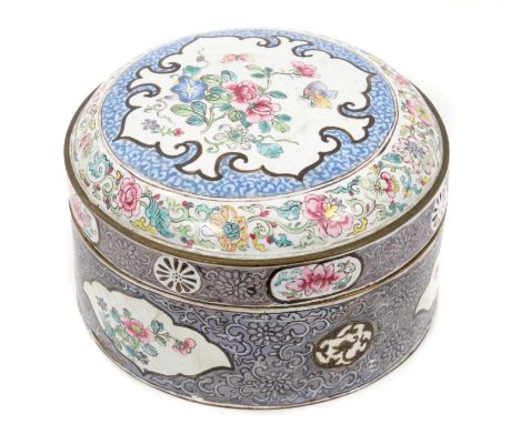 18th century Chinese enamel box and cover, of domed cylindrical form, painted with floral reserves and arabesque borders, 12c