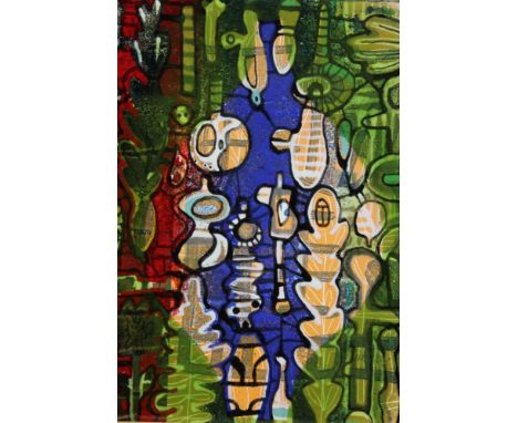 Dale Devereux Barker (b. 1962), vitreous enamel panel, 'Organisms', 2014/15, signed. 24cm x 19.5cm.