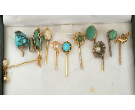 Ten Victorian and Edwardian stick pins various, to include Art Nouveau gold turquoise and freshwater pearl stick pin