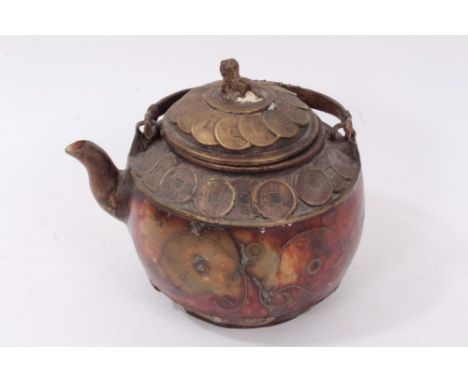 Antique Chinese hardstone and cash mounted teapot, with surmounting swing handle and cover with dog of fo finial, seal mark t