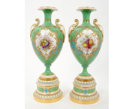 Pair fine Victorian Royal Worcester vases with scroll handles, finely painted fruit reserves on apple green, gilt and turquoi